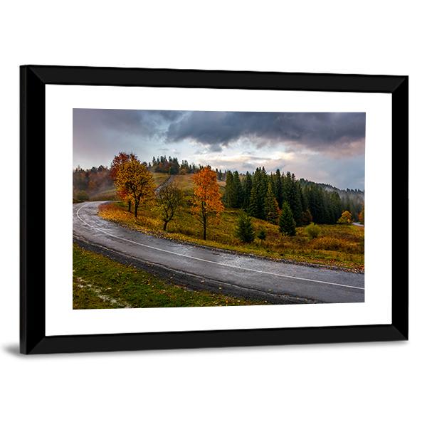 Road Through Autumn Forest Panoramic Canvas Wall Art-1 Piece-36" x 12"-Tiaracle