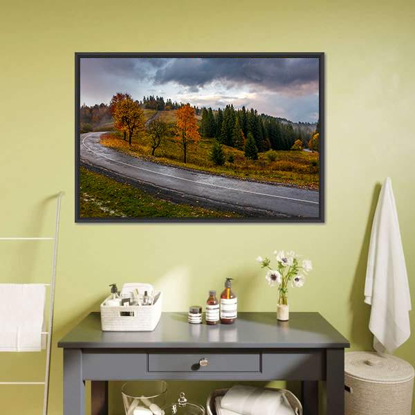 Road Through Autumn Forest Panoramic Canvas Wall Art-1 Piece-36" x 12"-Tiaracle