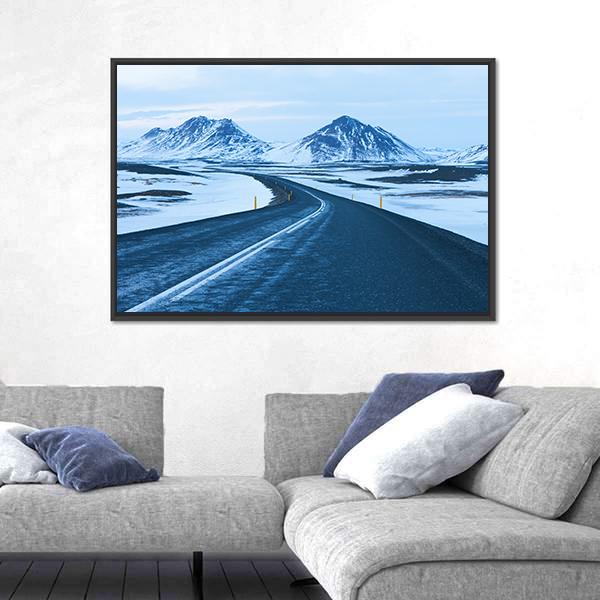 Road Through Snow Capped Mountains Canvas Wall Art-1 Piece-Floating Frame-24" x 16"-Tiaracle