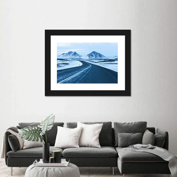 Road Through Snow Capped Mountains Canvas Wall Art-1 Piece-Framed Print-20" x 16"-Tiaracle