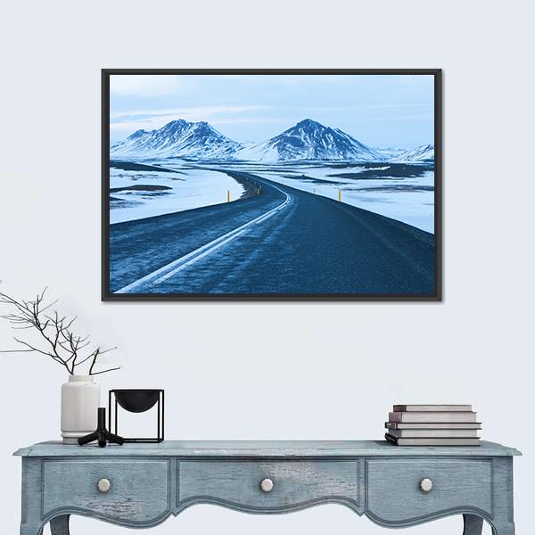 Road Through Snow Capped Mountains Canvas Wall Art-3 Horizontal-Gallery Wrap-25" x 16"-Tiaracle