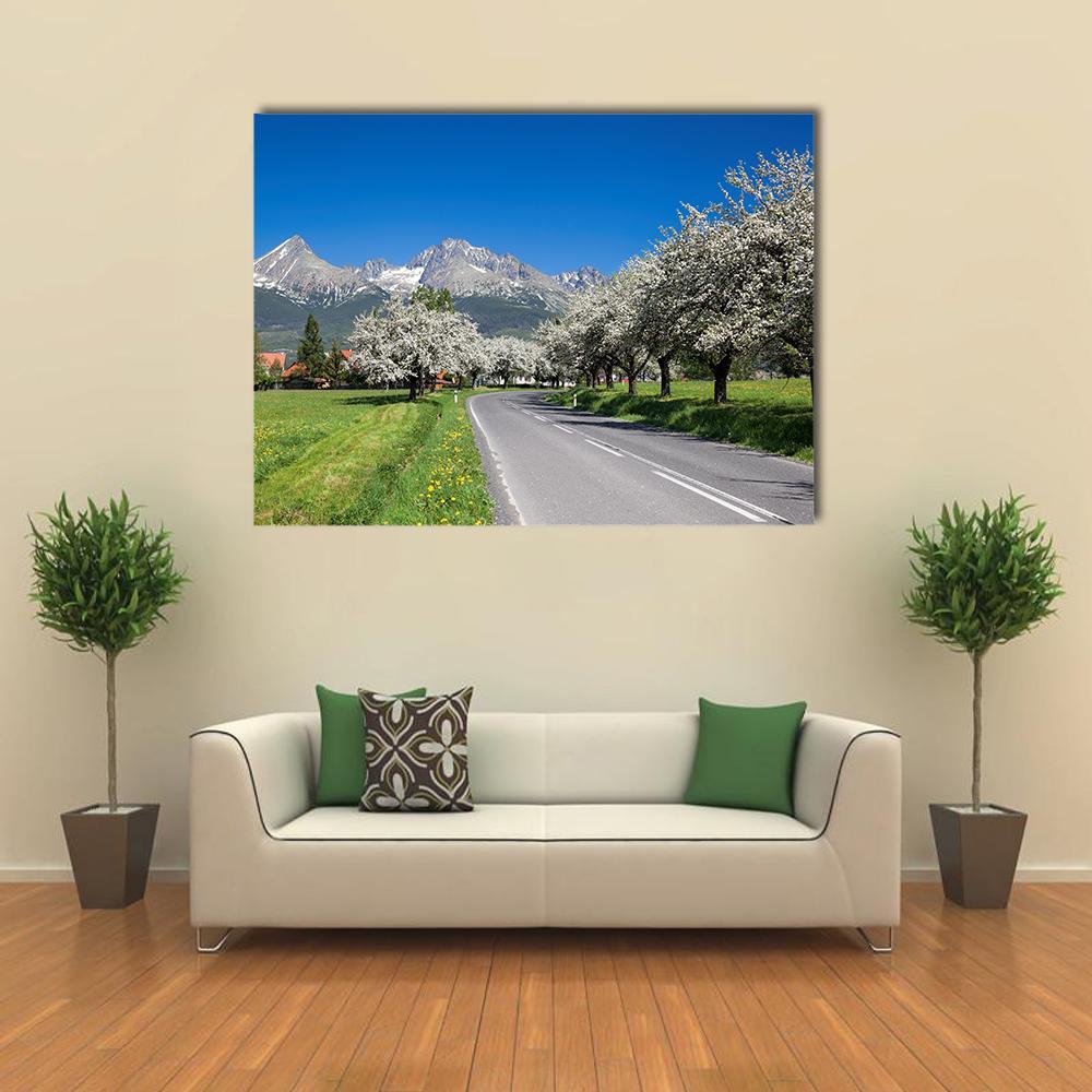 Road to High Tatras Canvas Wall Art in gray, green and blue, single panel hung on a wall