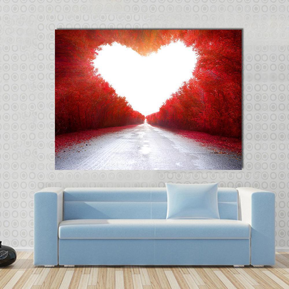 Road to Love Canvas Wall Art in white, gray and red, single panel hung on a wall
