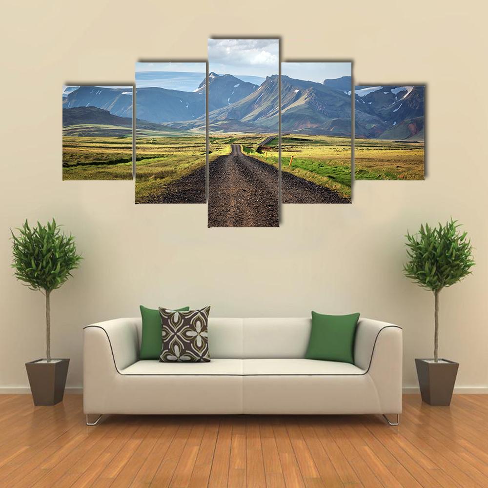 Road To Mountains Iceland Canvas Wall Art-5 Star-Gallery Wrap-62" x 32"-Tiaracle