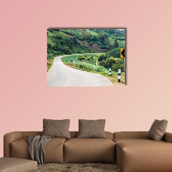 Curving Mountain Road to Phu Chi Pa, Thailand Canvas Wall Art in white, gray and green, single panel hung on a wall