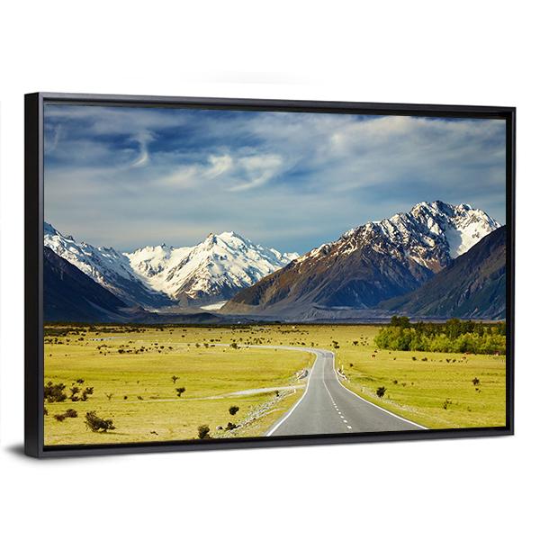 Road To Snowy Mountains Canvas Wall Art-3 Horizontal-Gallery Wrap-25&quot; x 16&quot;-Tiaracle