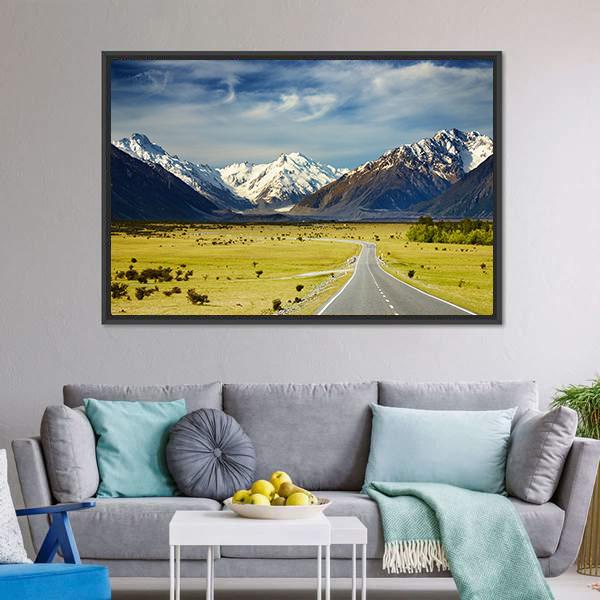 Road To Snowy Mountains Canvas Wall Art-3 Horizontal-Gallery Wrap-25" x 16"-Tiaracle