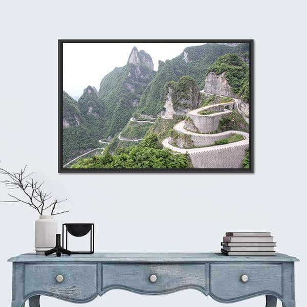 Road to Tian Men Shan Canvas Wall Art in white, gray and green, framed canvas, product view on a white background