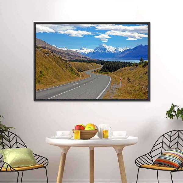 Road Towards Mt Cook Canvas Wall Art-1 Piece-Floating Frame-24" x 16"-Tiaracle