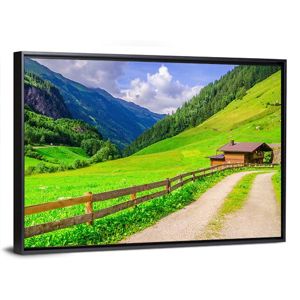 Road With Alpine Houses Canvas Wall Art-3 Horizontal-Gallery Wrap-25" x 16"-Tiaracle