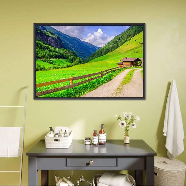 Road With Alpine Houses Canvas Wall Art-3 Horizontal-Gallery Wrap-25" x 16"-Tiaracle