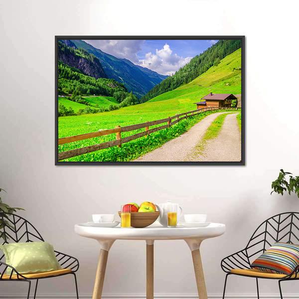 Road With Alpine Houses Canvas Wall Art-1 Piece-Floating Frame-24" x 16"-Tiaracle