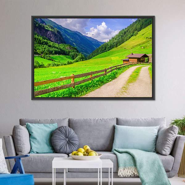 Road With Alpine Houses Canvas Wall Art-3 Horizontal-Gallery Wrap-25" x 16"-Tiaracle
