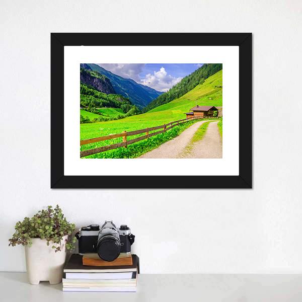 Road With Alpine Houses Canvas Wall Art-3 Horizontal-Gallery Wrap-25" x 16"-Tiaracle