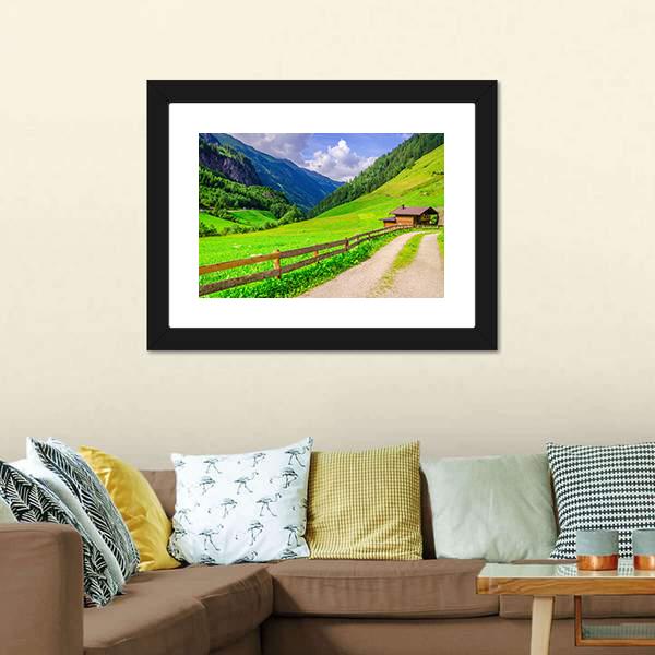 Road With Alpine Houses Canvas Wall Art-1 Piece-Framed Print-20" x 16"-Tiaracle