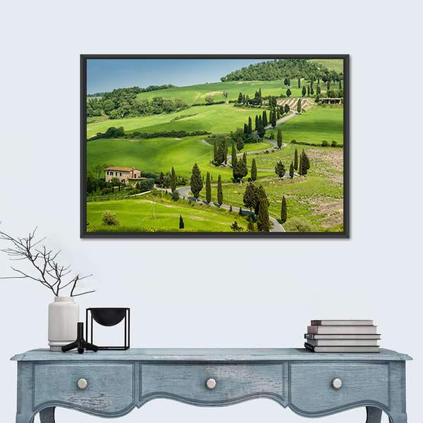 Winding Road with Cypress Trees Canvas Wall Art in green and blue, framed canvas, product view on a white background