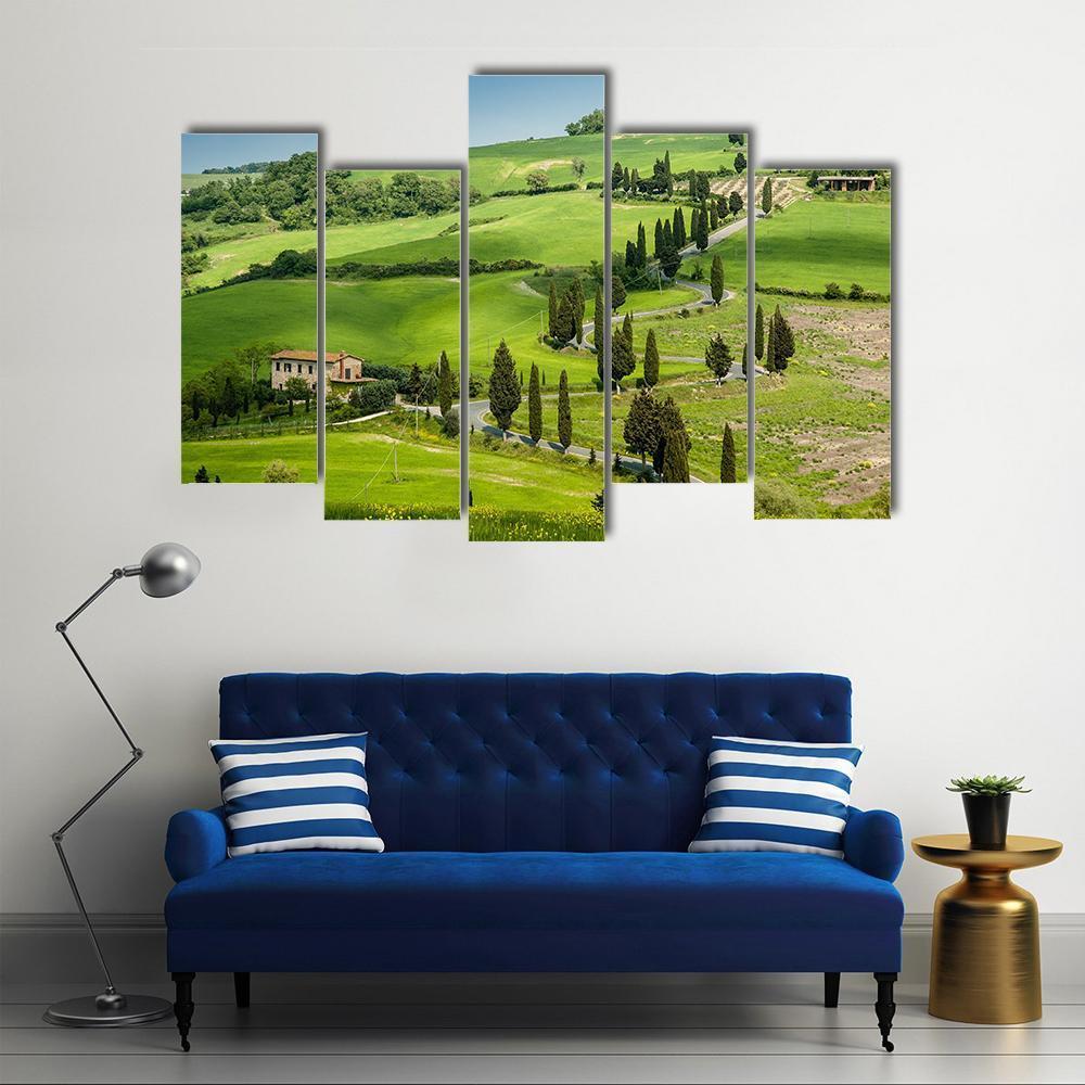Road With Curves And Cypresses In Tuscany Canvas Wall Art-5 Pop-Gallery Wrap-47" x 32"-Tiaracle