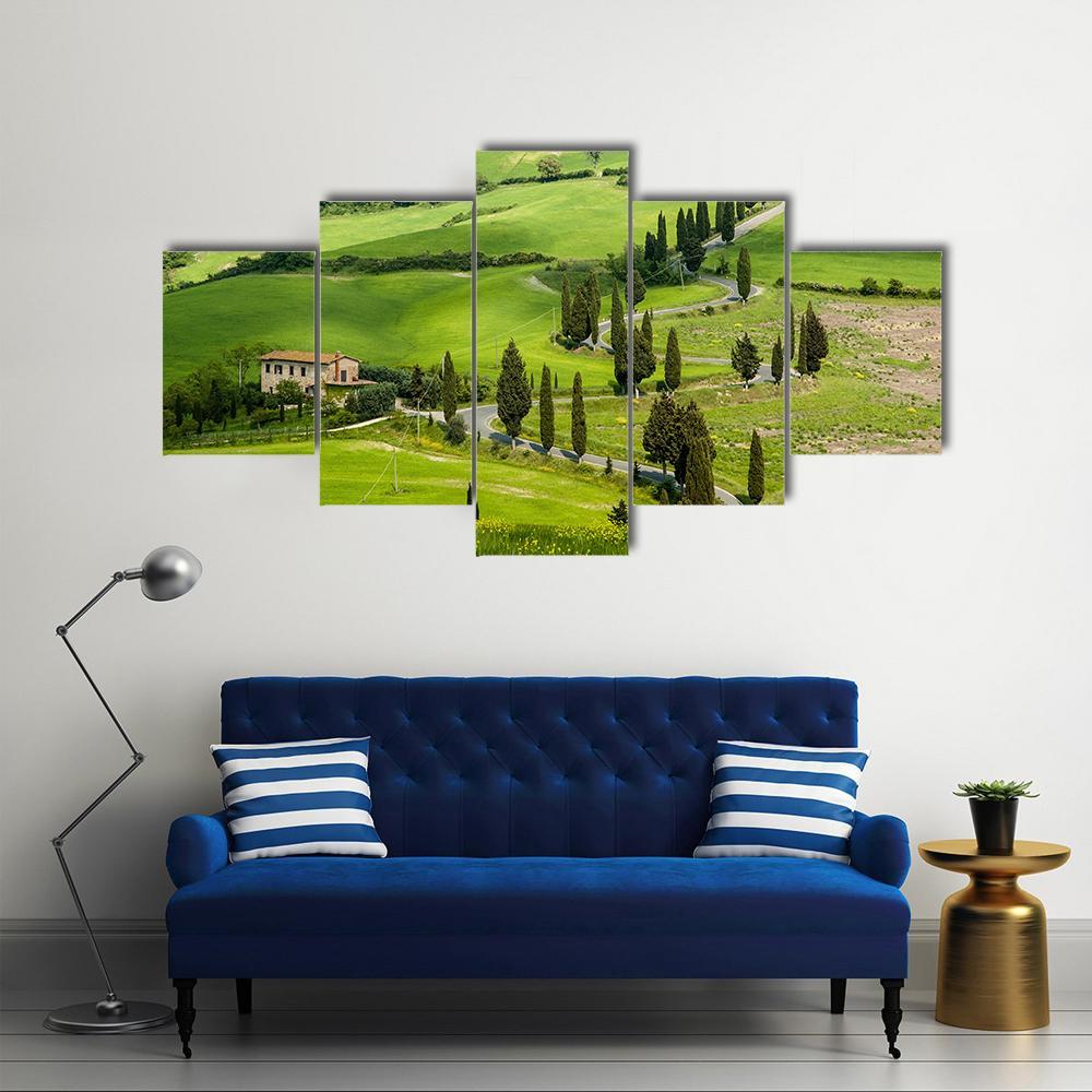 Road With Curves And Cypresses In Tuscany Canvas Wall Art-5 Star-Gallery Wrap-62" x 32"-Tiaracle