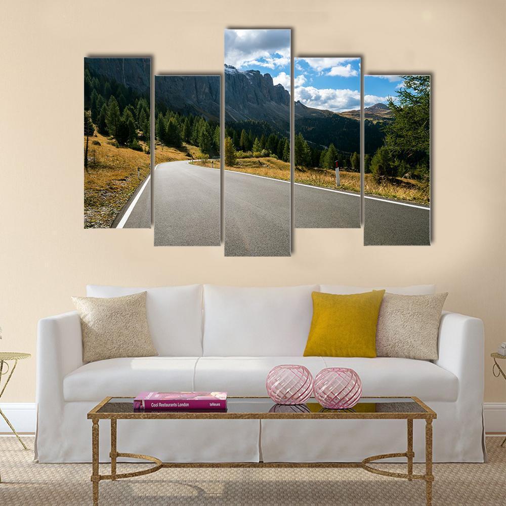 Road With Trees Forest And Mountains Canvas Wall Art-5 Pop-Gallery Wrap-47" x 32"-Tiaracle