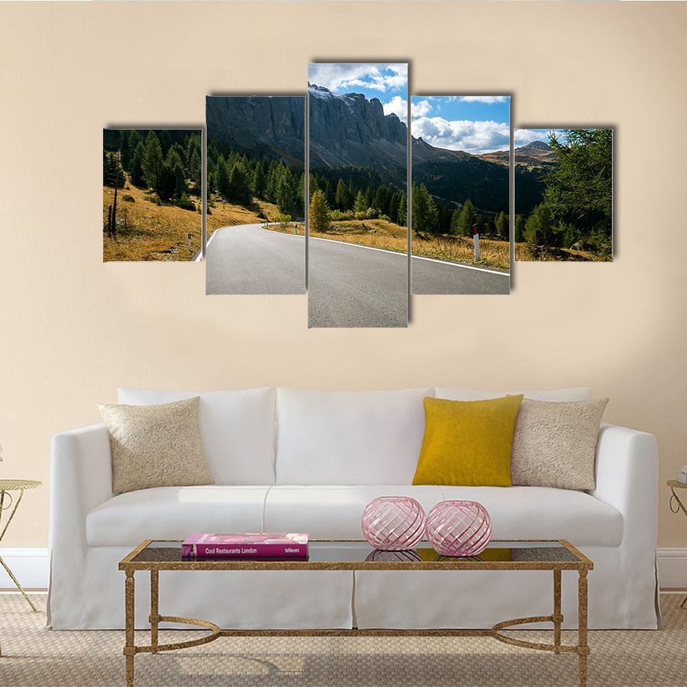 Road With Trees Forest And Mountains Canvas Wall Art-5 Star-Gallery Wrap-62" x 32"-Tiaracle