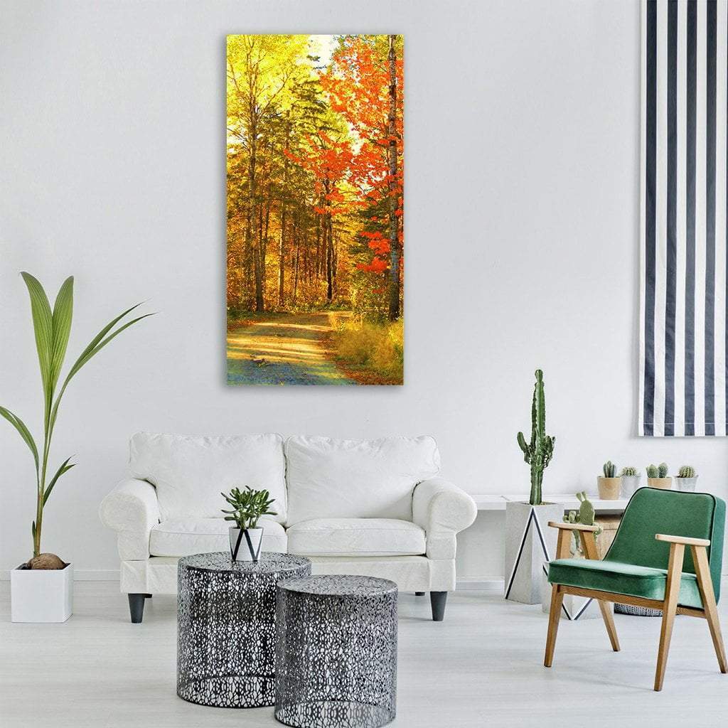 Roadway Path In Autumn Season Vertical Canvas Wall Art-3 Vertical-Gallery Wrap-12" x 25"-Tiaracle