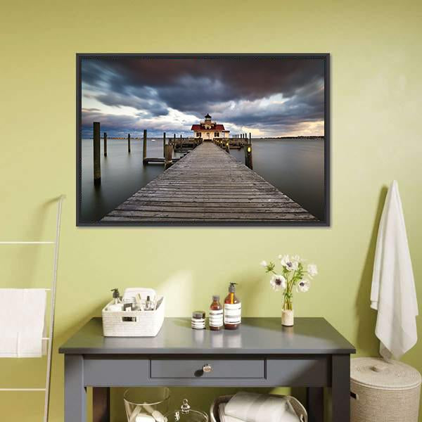 Roanoke Marshes Lighthouse Canvas Wall Art in gray, brown and blue, framed canvas, product view on a white background