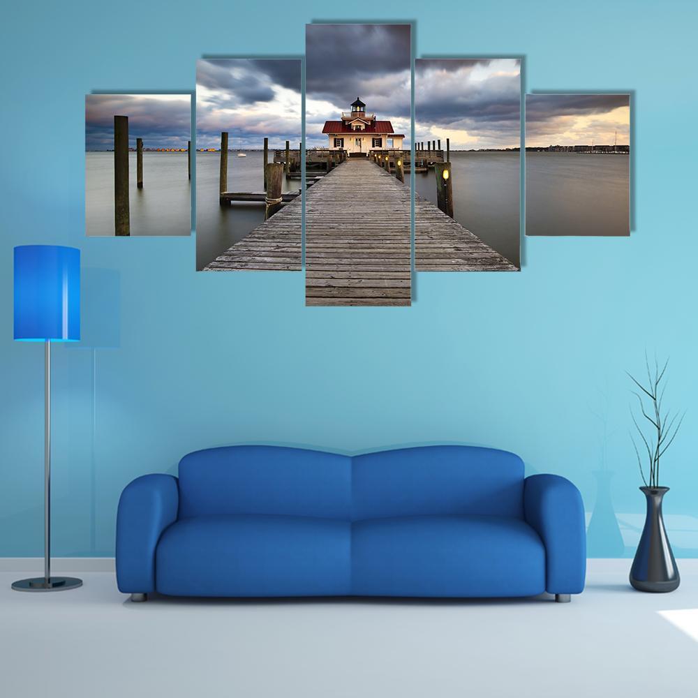 Roanoke Marshes Lighthouse Canvas Wall Art-5 Star-Gallery Wrap-62" x 32"-Tiaracle