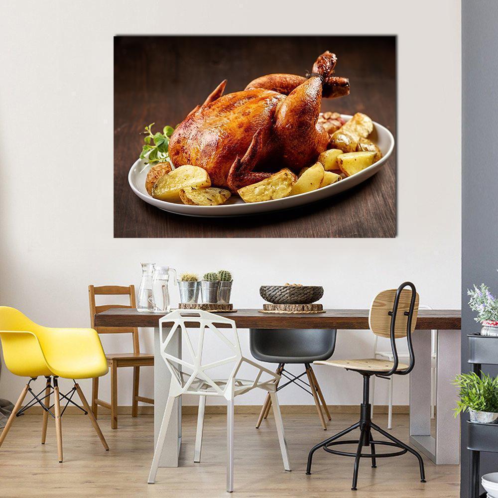 Roasted Chicken And Vegetables On Wooden Table Canvas Wall Art-4 Horizontal-Gallery Wrap-34" x 24"-Tiaracle