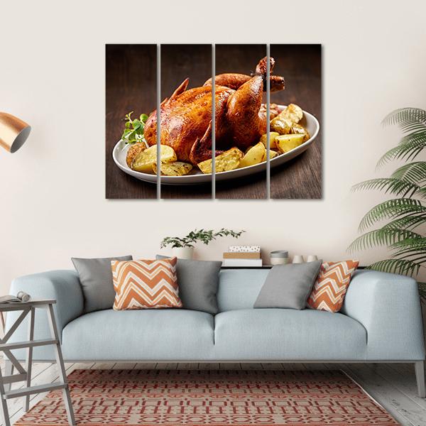 Roasted Chicken And Vegetables On Wooden Table Canvas Wall Art-4 Horizontal-Gallery Wrap-34" x 24"-Tiaracle
