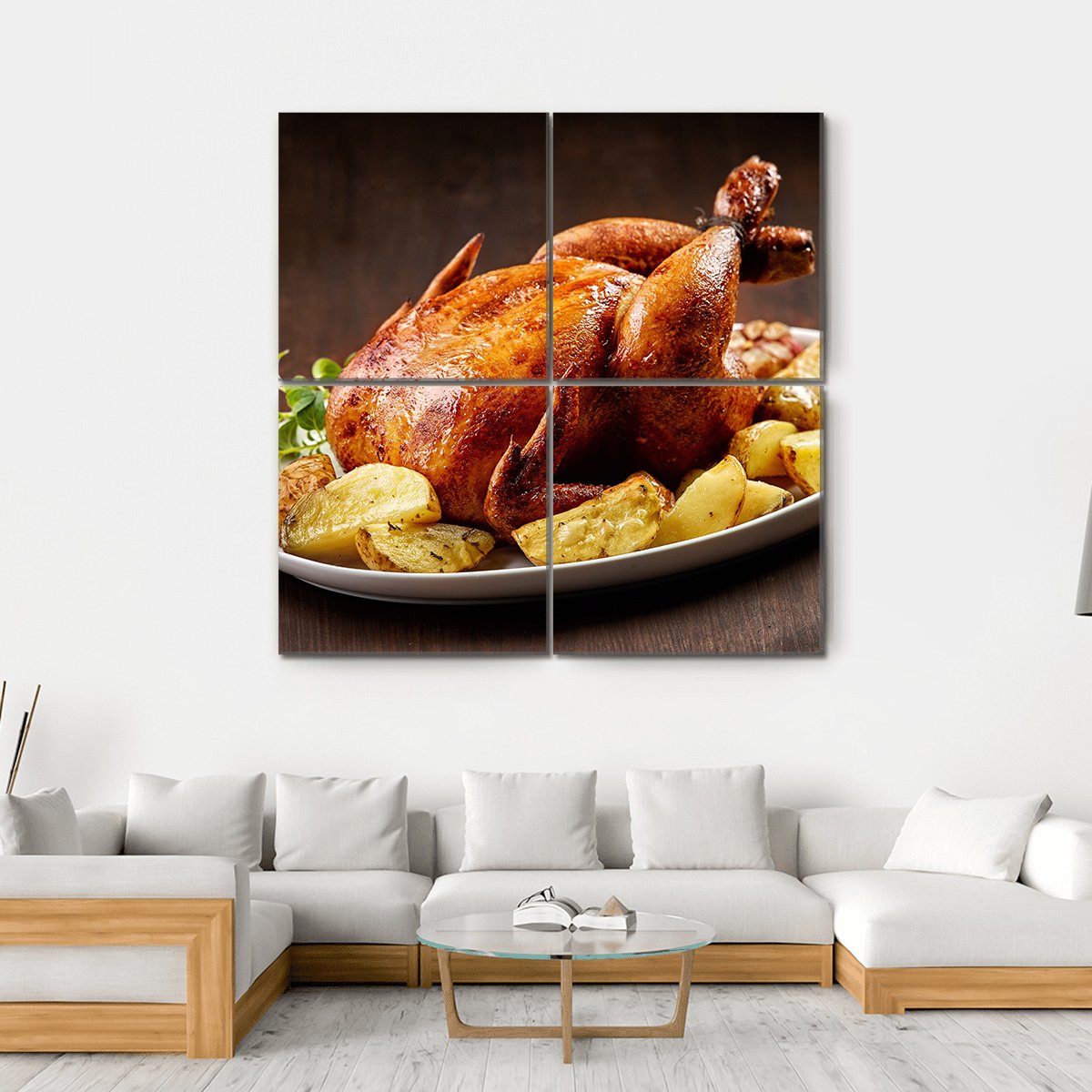 Roasted Chicken And Vegetables On Wooden Table Canvas Wall Art-4 Square-Gallery Wrap-17" x 17"-Tiaracle