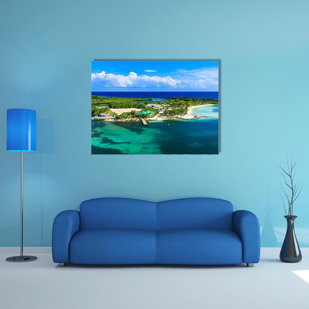 Roatan Island Turquoise Coast Canvas Wall Art in green and blue, single panel hung on a wall