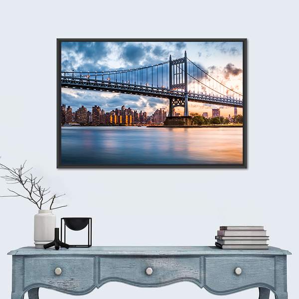 Robert F Kennedy Bridge at Dusk Canvas Wall Art in black, orange and blue, framed canvas, product view on a white background