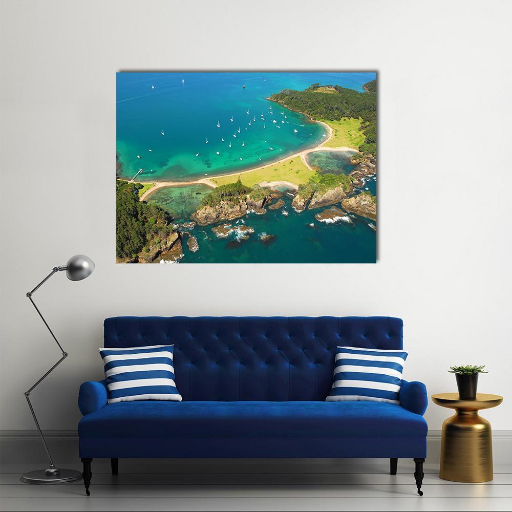 Roberton Island Turquoise Bay Aerial View Canvas Wall Art in green and blue, single panel hung on a wall