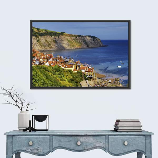Robin Hoods Bay Village Canvas Wall Art-1 Piece-Floating Frame-24" x 16"-Tiaracle