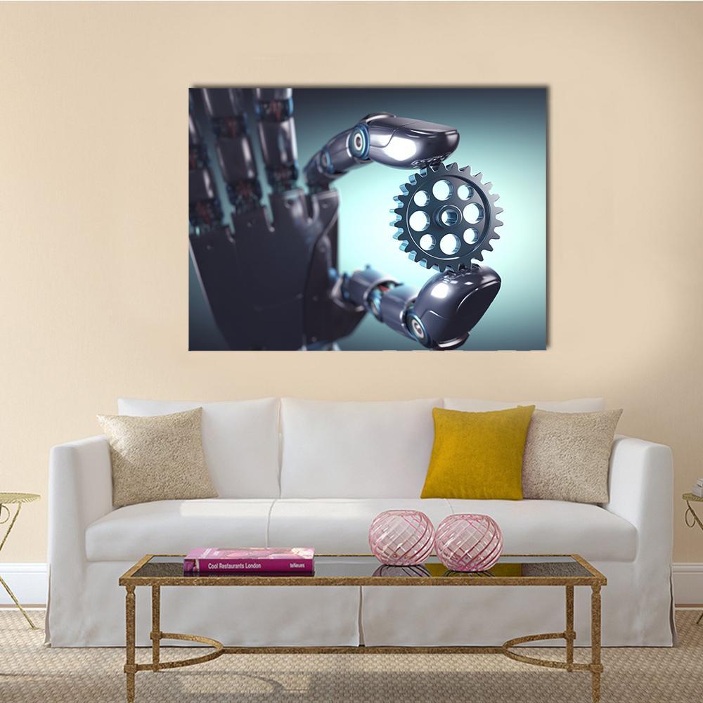 Robotic Hand Holding a Gear Canvas Wall Art in gray, silver and blue, single panel hung on a wall
