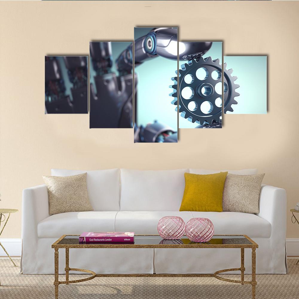 Robotic Hand Holding A Gear Concept Canvas Wall Art-5 Star-Gallery Wrap-62" x 32"-Tiaracle