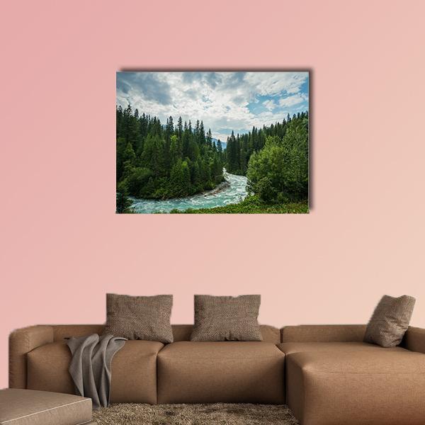 Robson River in British Columbia Canvas Wall Art in white, green and blue, single panel hung on a wall