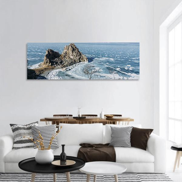 Rock Formations On Lake Baikal Panoramic Canvas Wall Art-3 Piece-25" x 08"-Tiaracle