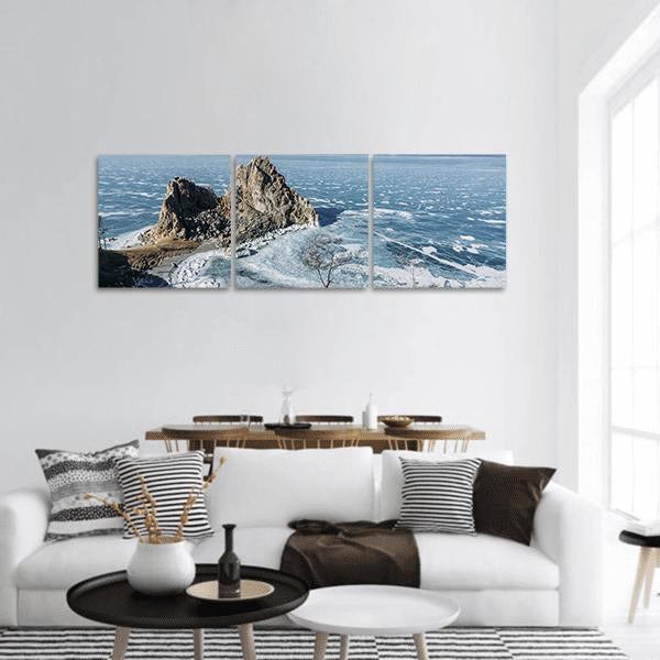 Rock Formations On Lake Baikal Panoramic Canvas Wall Art-3 Piece-25" x 08"-Tiaracle