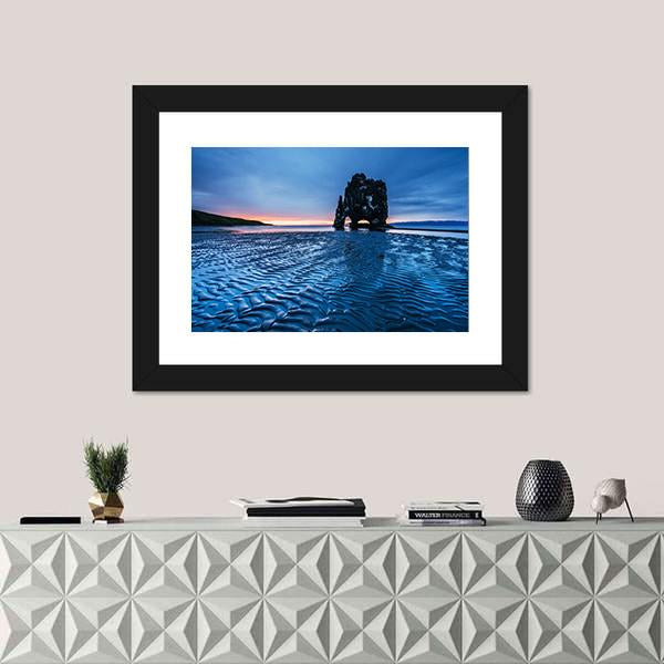 Rock In The Sea In Iceland Canvas Wall Art-1 Piece-Framed Print-20" x 16"-Tiaracle