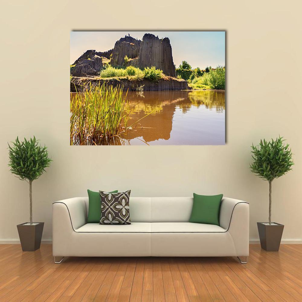 Rock Of Basalt With Reflection On Water Lake Canvas Wall Art-4 Horizontal-Gallery Wrap-34" x 24"-Tiaracle