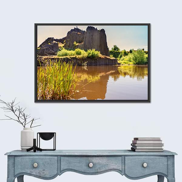 Rock Of Basalt With Reflection On Water Lake Canvas Wall Art-1 Piece-Floating Frame-24" x 16"-Tiaracle