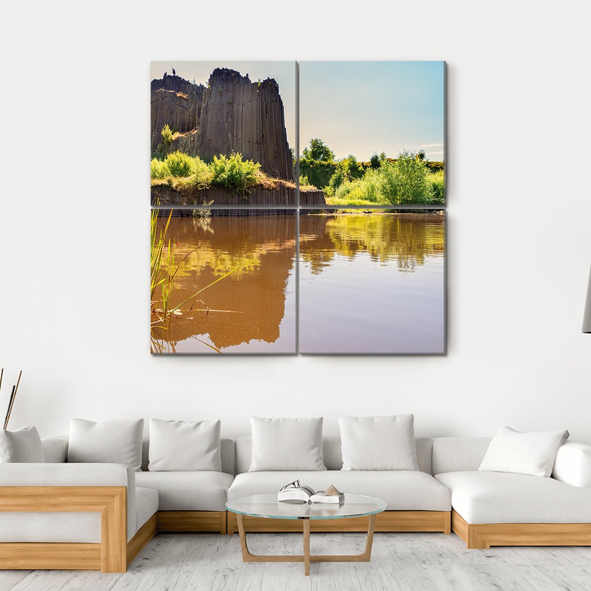 Rock Of Basalt With Reflection On Water Lake Canvas Wall Art-4 Square-Gallery Wrap-17" x 17"-Tiaracle