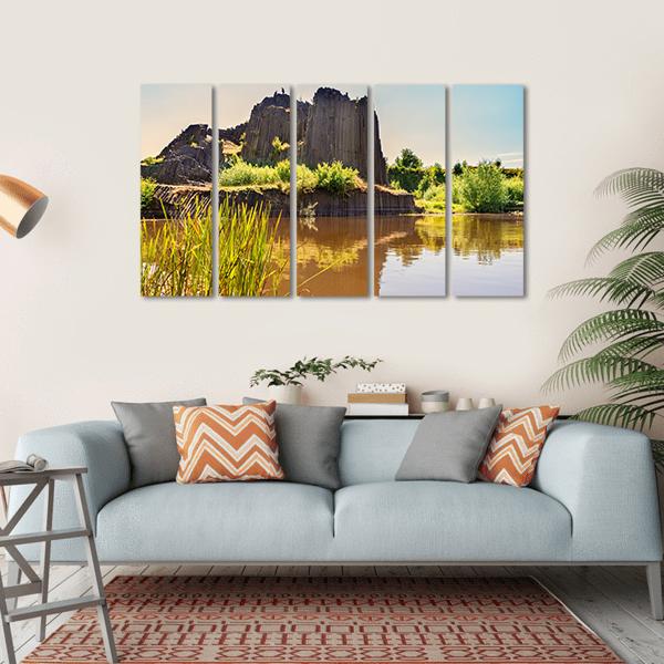 Rock Of Basalt With Reflection On Water Lake Canvas Wall Art-5 Horizontal-Gallery Wrap-22" x 12"-Tiaracle