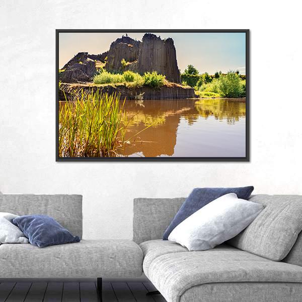 Rock Of Basalt With Reflection On Water Lake Canvas Wall Art-3 Horizontal-Gallery Wrap-25" x 16"-Tiaracle