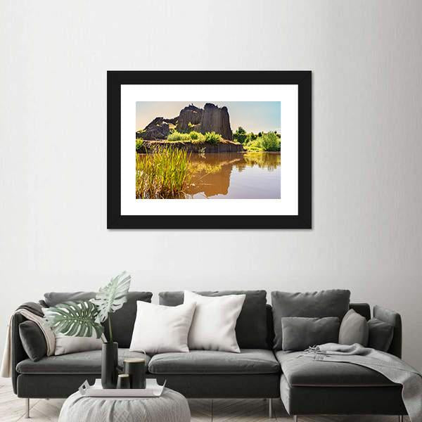 Rock Of Basalt With Reflection On Water Lake Canvas Wall Art-3 Horizontal-Gallery Wrap-25" x 16"-Tiaracle