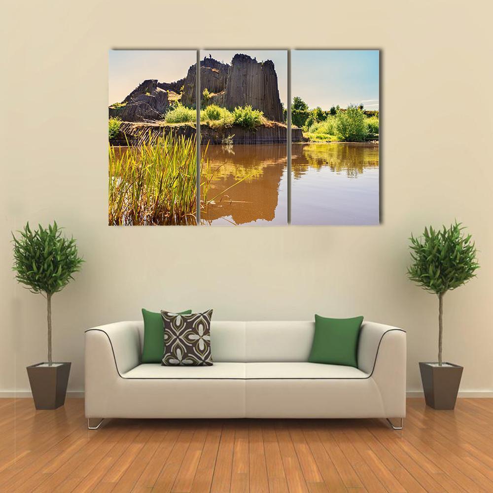 Rock Of Basalt With Reflection On Water Lake Canvas Wall Art-3 Horizontal-Gallery Wrap-37" x 24"-Tiaracle