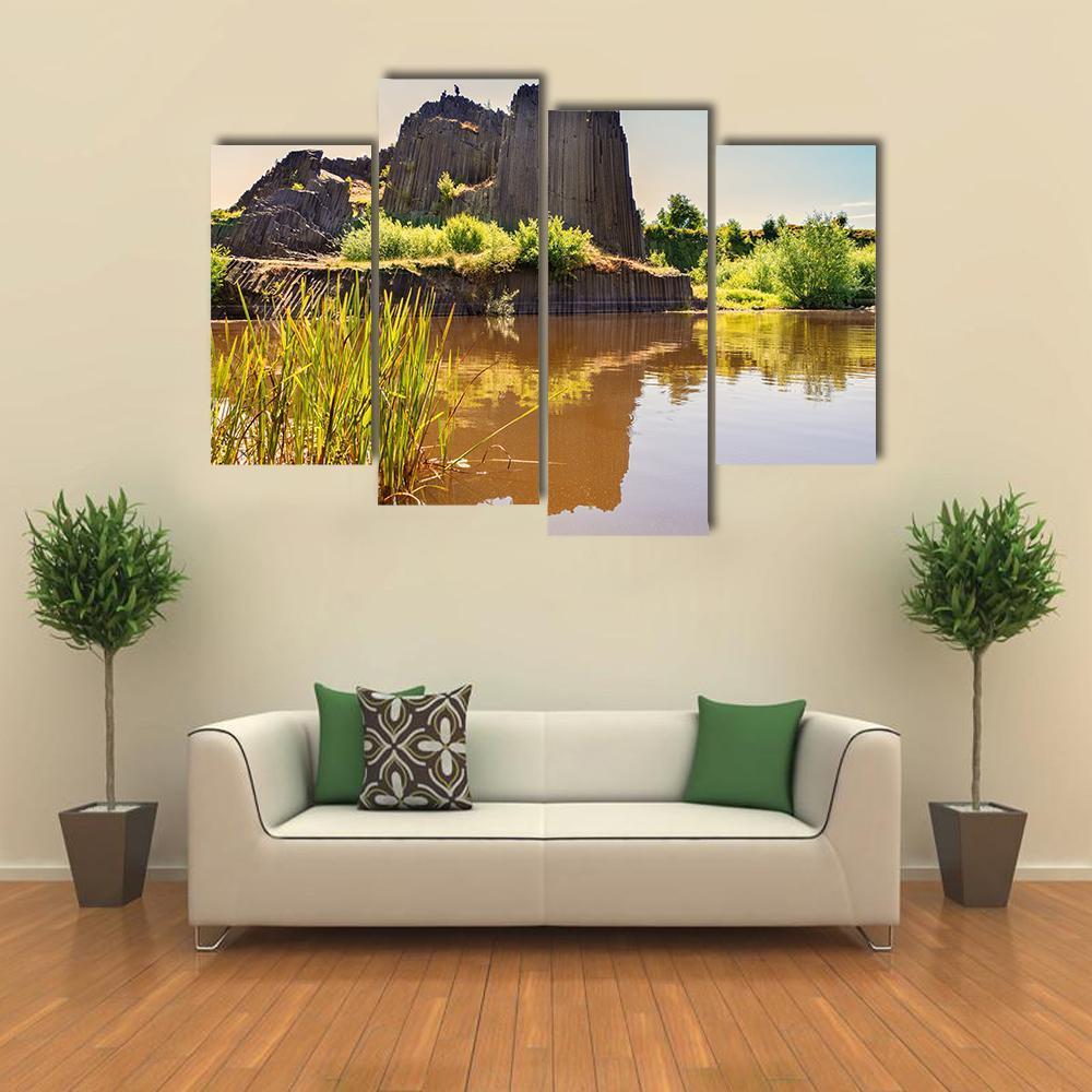 Rock Of Basalt With Reflection On Water Lake Canvas Wall Art-4 Pop-Gallery Wrap-50" x 32"-Tiaracle