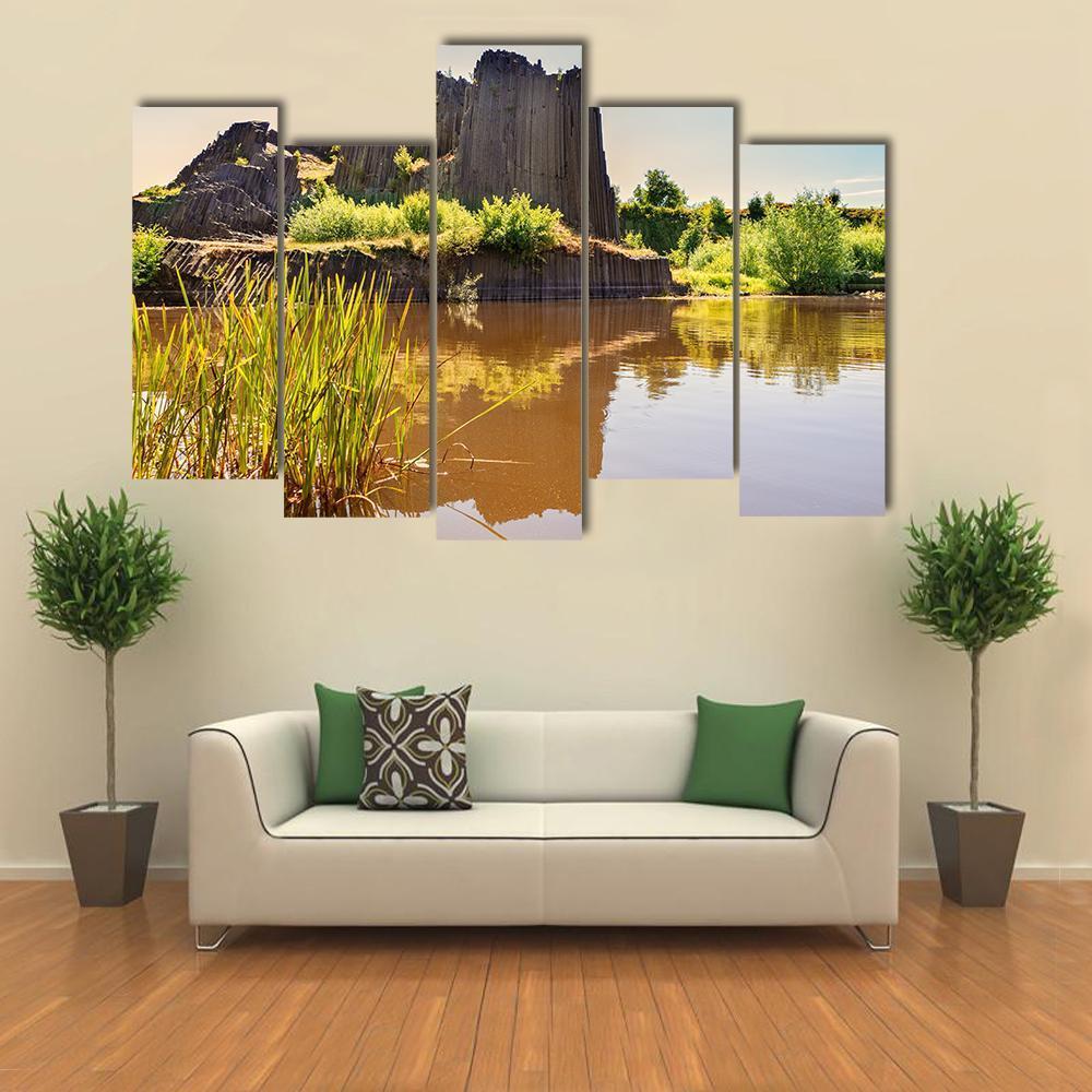 Rock Of Basalt With Reflection On Water Lake Canvas Wall Art-5 Pop-Gallery Wrap-47" x 32"-Tiaracle