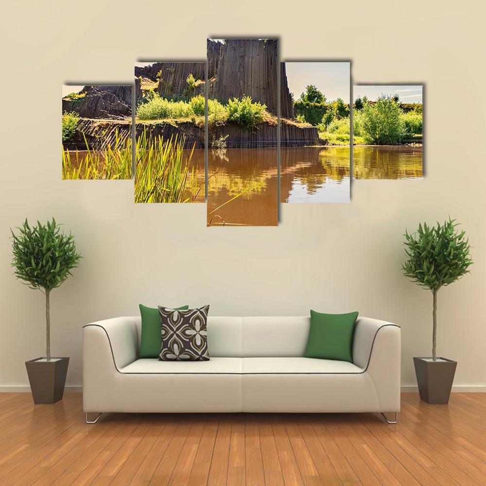 Rock Of Basalt With Reflection On Water Lake Canvas Wall Art-5 Star-Gallery Wrap-62" x 32"-Tiaracle